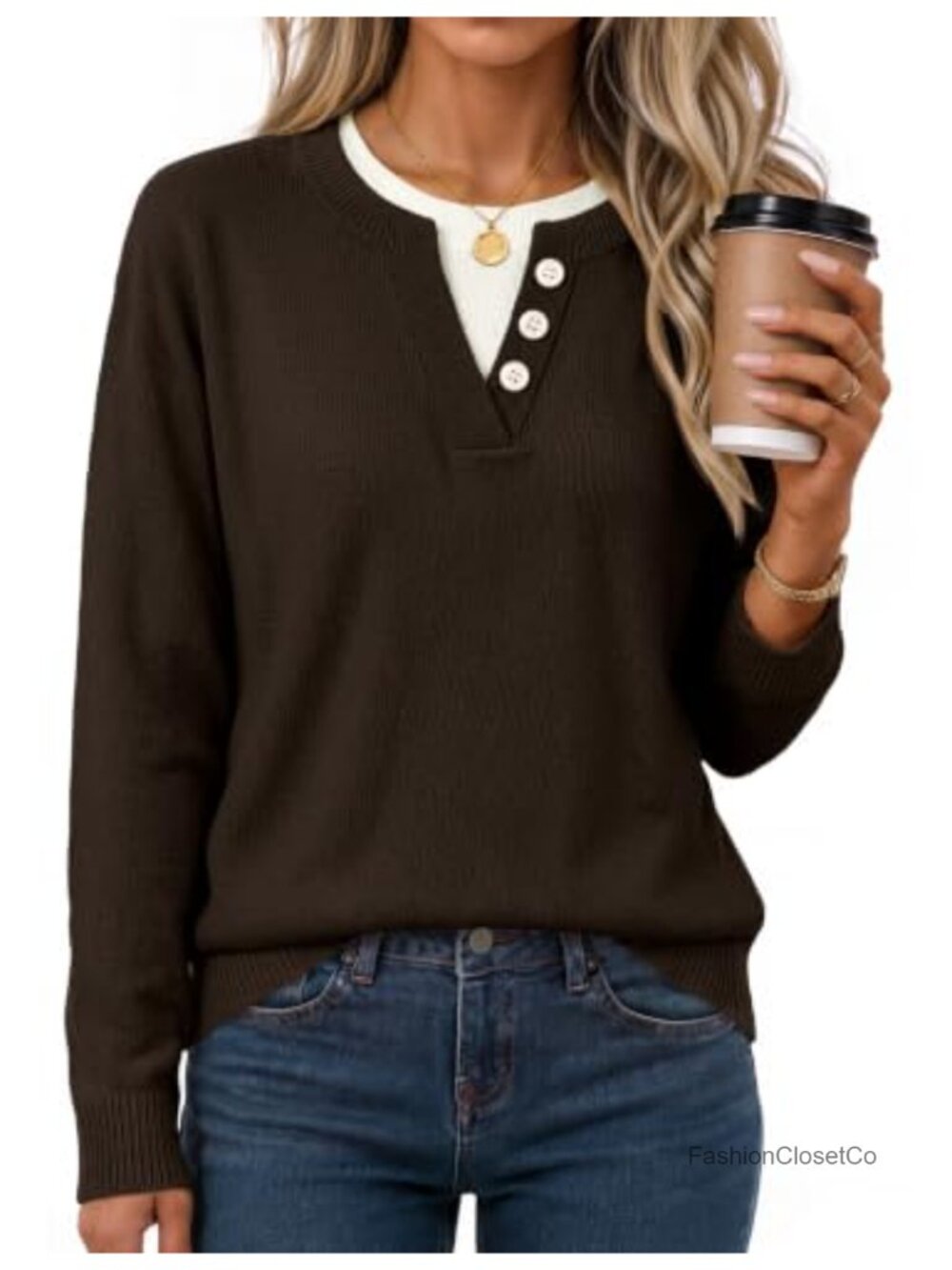 Women Oversized Knit Henley Pullover Sweater Long Sleeve Color Block